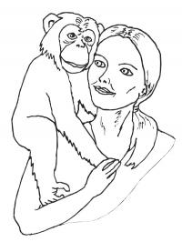 Chimpanzee on the woman's shoulder