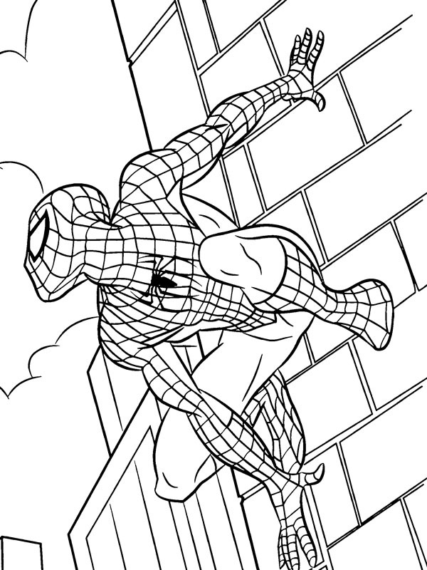 Spider Man climbs on building Coloring page