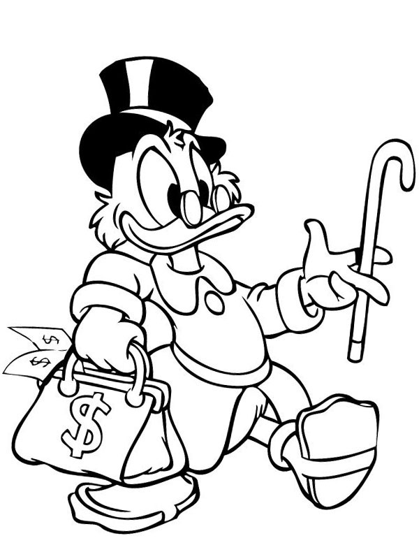 Scrooge McDuck with a bag full of money Coloring page