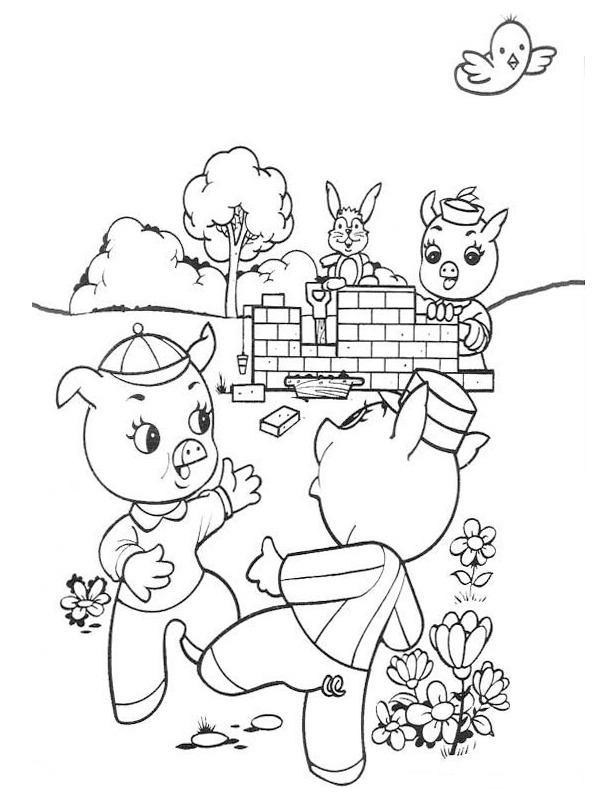 The three little pigs build a house Coloring page