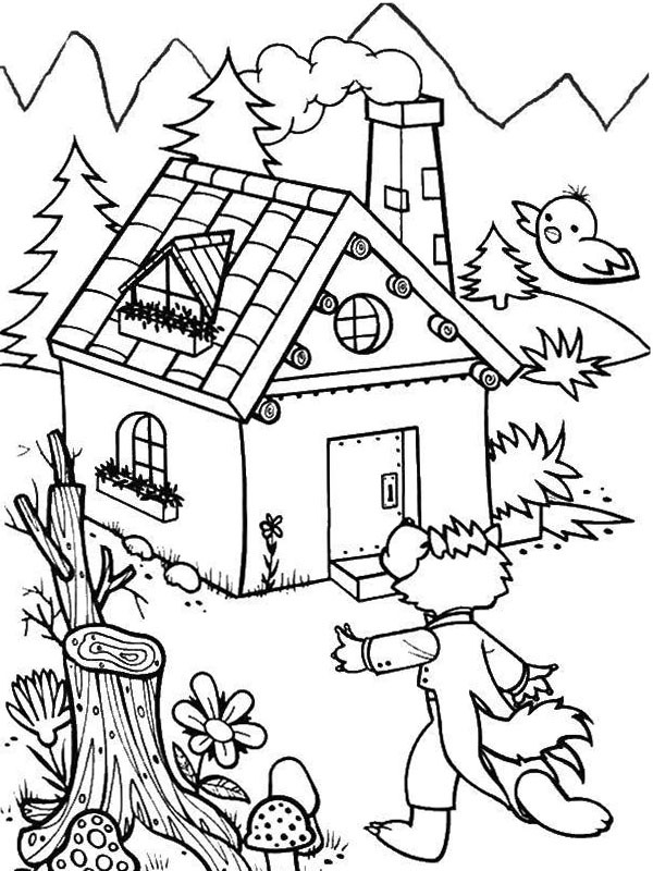 The wolf goes to the house Coloring page