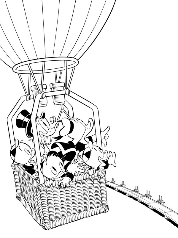 Donald, Dagobert and Huey, Dewey, and Louie in a hot air balloon Coloring page