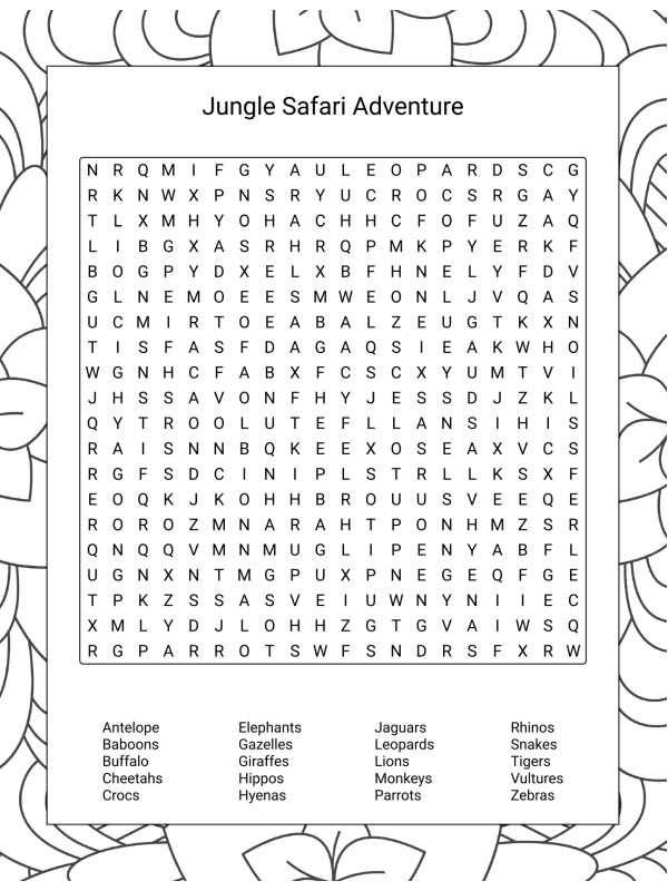 Jungle safari word search Coloring page