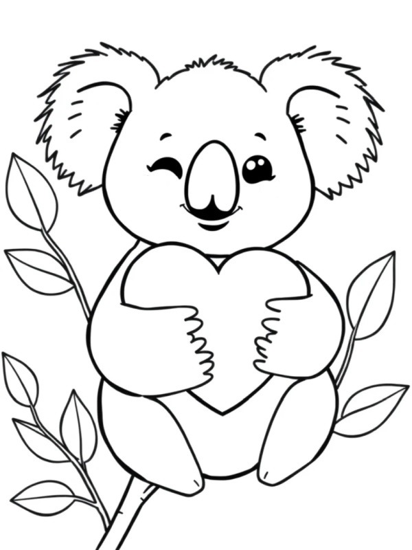 Kawaii koala holding heart Coloring page