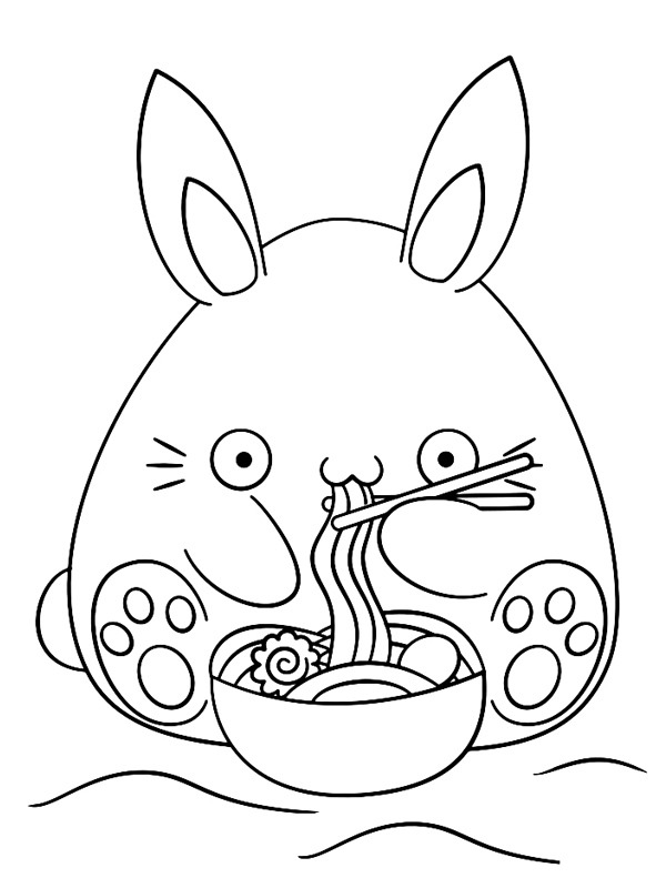 Kawaii rabbit eats noodles Coloring page