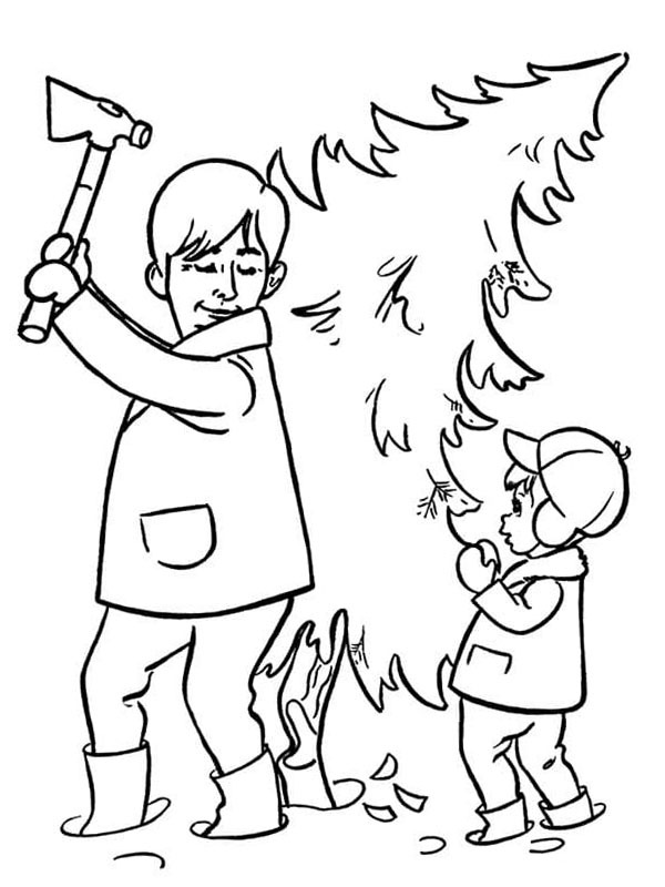 Cutting down Christmas tree Coloring page