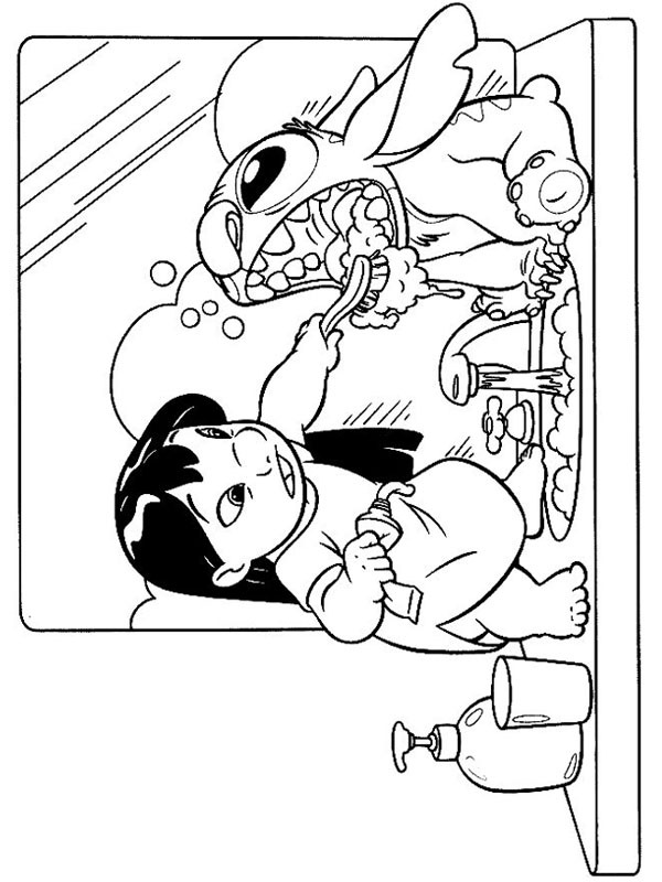 Lilo teaches Stitch to brush his teeth Coloring page