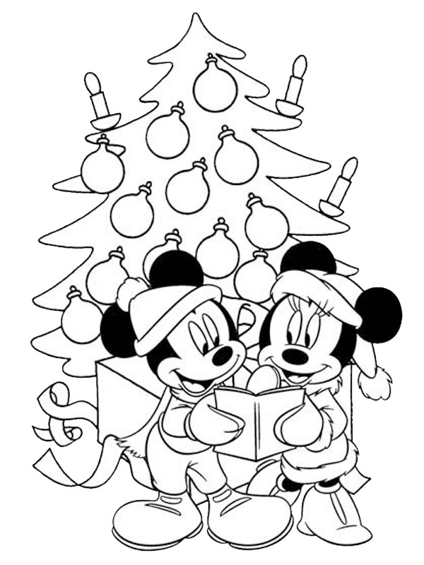 Minnie and Mickey in front of the Christmas tree Coloring page