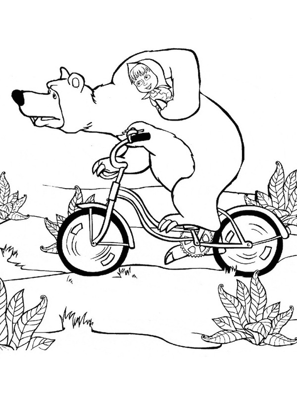 The bear and Masha on a bicycle Coloring page