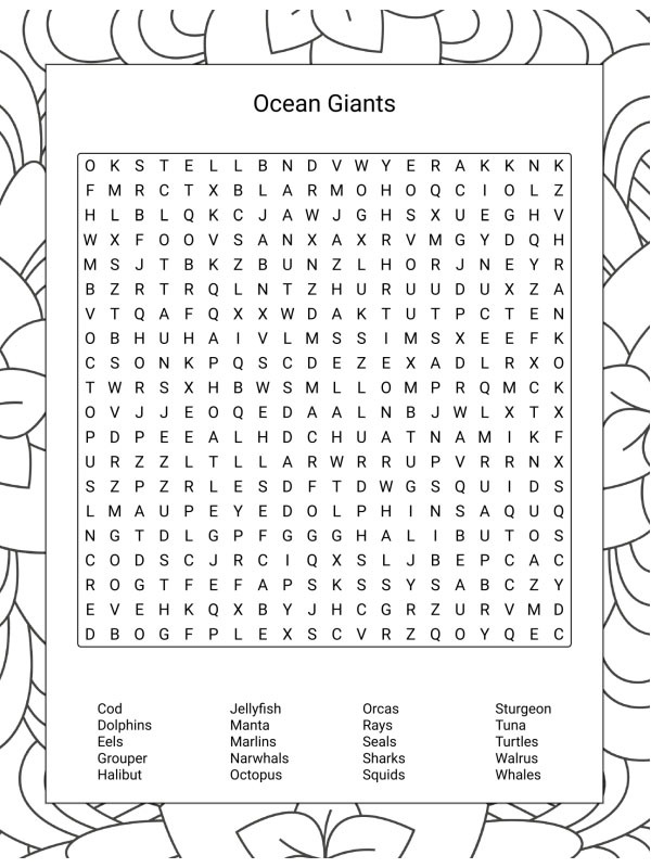 Ocean Animals word search Coloring page