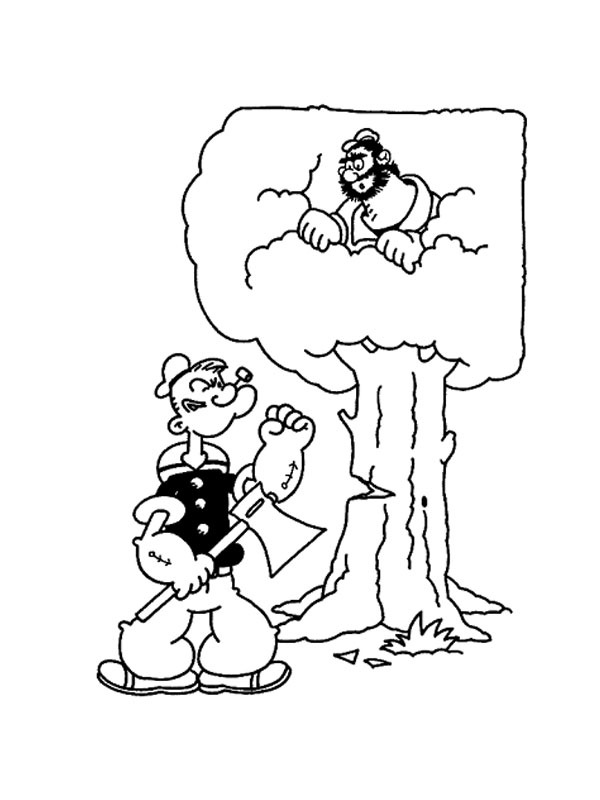 Popeye cuts down tree Coloring page