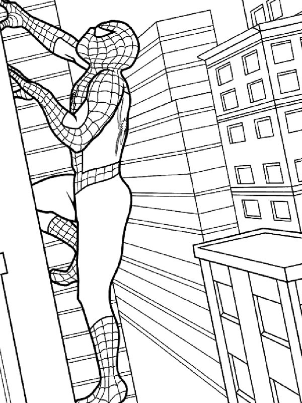 Spiderman climbs building Coloring page