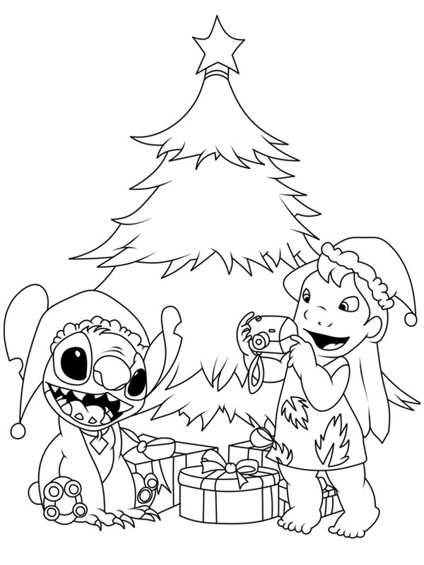 Stitch and Lilo by the Christmas tree Coloring page