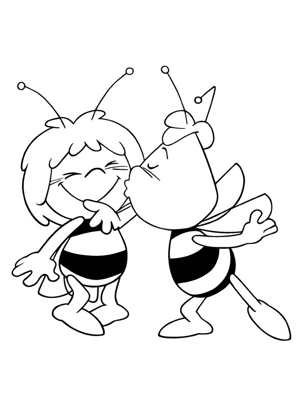 Willy the honey bee kisses Maja the honey bee Coloring page